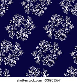 Vector abstract seamless pattern of wreaths with items of Paisley, leaves and flowers.