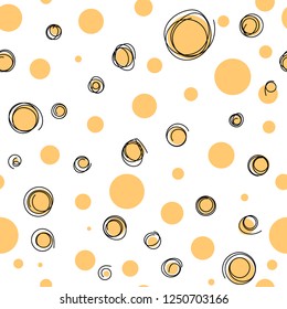 Vector abstract seamless pattern, yellow and black circles, on theme of Africa, on white background. hand drawing. design of kids clothes, nursery textiles, posters, 