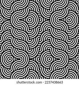 Vector abstract seamless pattern.Modern geometric background.Repeated monochrome pattern with concentric circles background ornament of striped concentric circles.Monochrome background with diagonal.