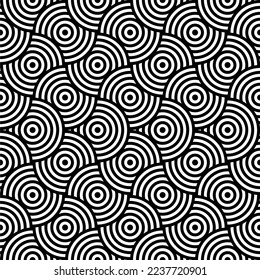 Vector abstract seamless pattern.Modern geometric background.Repeated monochrome pattern with concentric circles background ornament of striped concentric circles.Monochrome background with diagonal.