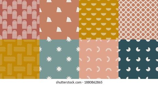 Vector abstract seamless patterns set. Geometric elements in Boho style. Good for wall decoration, postcard or brochure cover design. Minimalist Mid century modern shapes.