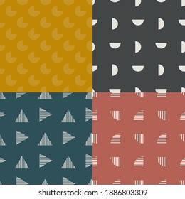 Vector abstract seamless patterns set. Geometric elements in Boho style. Good for wall decoration, postcard or brochure cover design. Minimalist Mid century modern shapes.