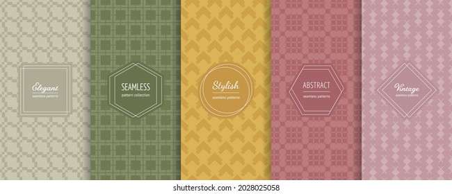 Vector abstract seamless patterns set. Collection of elegant background swatches with minimal labels. Simple modern geometric textures with squares, grid, chevron. Trendy colors, pink, yellow, green