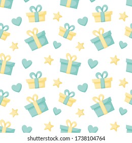 Vector abstract seamless pattern.with colored present boxes, hearts, stars. Gifts for the holiday on a white background. Great for paper, card, wallpaper, banner, fabric, interior. 