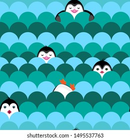 Vector abstract seamless penguin in wave pattern. Cartoon penguin swimming in antarctic waves. Childish bird in wave.