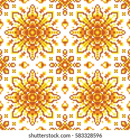 Vector abstract seamless pixel brown-yellow-orange pattern made of small squares on a white background. Mosaic, background, embroidery, wallpaper, kaleidoscope, mandala. Vector illustration.