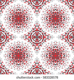 Vector abstract seamless pixel gray-red pattern made of small squares on a white background. Mosaic, background, embroidery, wallpaper, kaleidoscope, mandala. Vector illustration.
