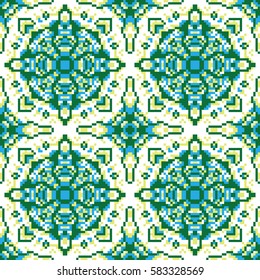 Vector abstract seamless pixel green-blue pattern made of small squares on a white background. Mosaic, background, embroidery, wallpaper, kaleidoscope, mandala. Vector illustration.