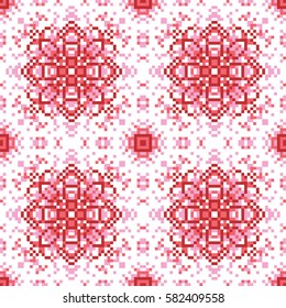 Vector abstract seamless pixel red-pink pattern made of small squares on a white background. Mosaic, background, embroidery, wallpaper, kaleidoscope, mandala. Vector illustration.