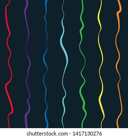 Vector abstract seamless rainbow colors wave swirl pattern. Fantasy modern background with hand drawn vertical waves. Graphic backdrop on black background as kids design, print, textile, LGBT concept.