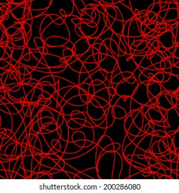 Vector abstract seamless scribble background. Fantasy modern tangled pattern. Art chaos backdrop. Digital tortuous design. Creative tangled composition. Red and black.
