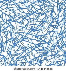 Vector abstract seamless scribble pattern. Blue on white modern background with hand drawn ink scrawl. Marker on a white school board, chaos backdrop. Back to school illustration.