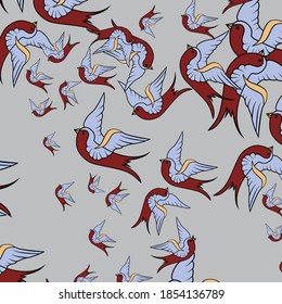 Vector abstract seamless spring pattern with old school swallow birds isolated on gray background. Vintage background