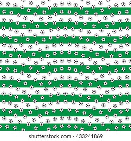 Vector abstract seamless striped pattern, geometrical fan shaped layout. Green stripes.  Black and white soccer ball. Football background, modern wallpaper, wrapping paper, page fill