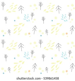 Vector abstract seamless texture, modern cute minimalistic pattern with hand drawn forest trees in black, yellow, blue colors on white background.