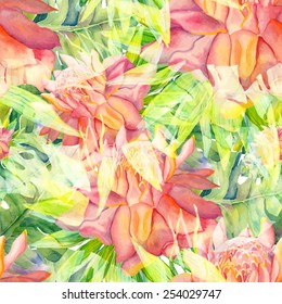 Vector abstract seamless watercolor pattern with palm leaves, mostera leaves and ginger flowers. Can be used for web pages, identity style, printing, invitations, banners, cards, leaflets.
