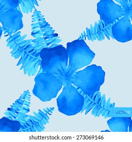 Vector abstract seamless watercolor pattern with palm and fern leaves and hibiscus flowers.