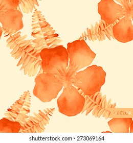 Vector abstract seamless watercolor pattern with palm and fern leaves and hibiscus flowers.