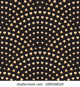 Vector abstract seamless wavy pattern with geometrical fish scale layout. Gold stylized  hearts on a dark black background. Fan shaped Valentine Day ornament. Holiday decoration.Wrapping paper