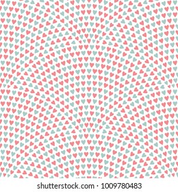 Vector abstract seamless wavy pattern with geometrical fish scale layout. Pink and green small hearts on a white background. Fan shaped Valentine Day ornament. Holiday decoration.Wrapping paper