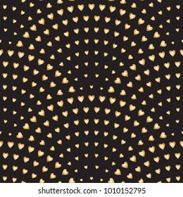 Vector abstract seamless wavy pattern with geometrical fish scale layout. Gold stylized  hearts on a dark black background. Fan shaped Valentine Day ornament. Holiday decoration.Wrapping paper