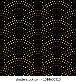 Vector abstract seamless wavy pattern with geometrical fish scale layout. Metallic gold circles on a dark black background. Fan shaped garlands .Wallpaper, textile patch, wrapping paper, page fill