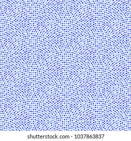 Vector abstract seamless wavy pattern with geometrical fish scale layout. Indigo blue, violet, turquoise circles on white background. Fan shaped garlands .Wallpaper, textile patch, wrapping paper, pag