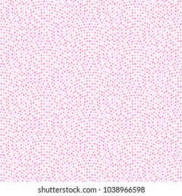 Vector abstract seamless wavy pattern with geometrical fish scale layout. Purple, violet, pink  circles on white background. Fan shaped garlands .Wallpaper, textile patch, wrapping paper, page fill