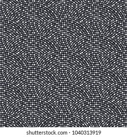 Vector abstract seamless wavy pattern with geometrical fish scale layout. Silver grey circles on a dark indigo blue background. Fan shaped garlands .Wallpaper, textile patch, wrapping paper, page fill