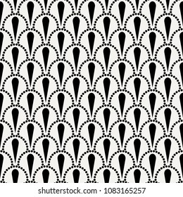 Vector abstract seamless wavy pattern with dotted geometrical fish scale layout with flowers. Textile print, page fill, batik, texture