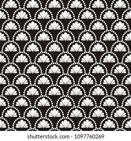 Vector abstract seamless wavy pattern with dotted geometrical fish scale layout with flowers. Textile print, page fill, batik, texture