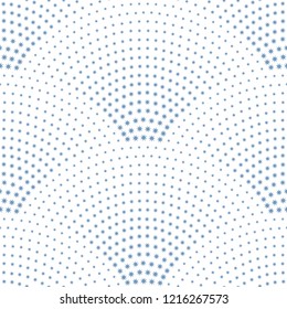 Vector abstract seamless wavy pattern with geometrical fish scale layout. Dark blue stars on a white background. Fan shaped Christmas garlands. New Year snowflake holiday decoration.