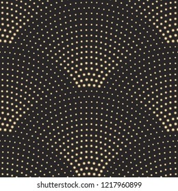 Vector abstract seamless wavy pattern with geometrical fish scale layout. Golden metallic stars on a dark black background. Fan shaped Christmas garlands. Holiday firework gold decoration, wallpaper