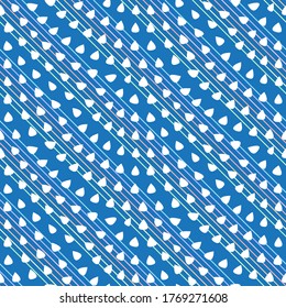 Vector abstract seamless wavy pattern with geometrical fish scale layout. Small white water drops on a dark blue background with diagonal rainbow stripes. Wrapping paper for packaging, chintz textile 