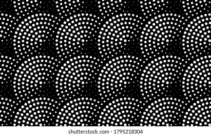 Vector Abstract Seamless Wavy Pattern With Round Geometric Layout. Monochrome Background. Fan-shaped Garlands. Wallpaper, Textile Patch, Wrapping Paper, Page Fill, Web.