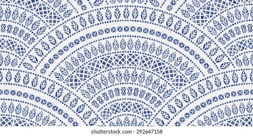 Vector abstract seamless wavy pattern from decorative ethnic ornaments with dark blue watercolor paint texture on a light grey background. Regular fan shaped ornamental elements