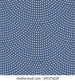  Vector abstract seamless wavy pattern with geometrical fish scale layout. Light small white drop-shaped elements on a dark blue background