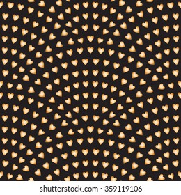 Vector abstract seamless wavy pattern with geometrical fish scale layout. Gold stylized  hearts on a dark black background. Fan shaped Valentine Day ornament. Holiday decoration.Wrapping paper