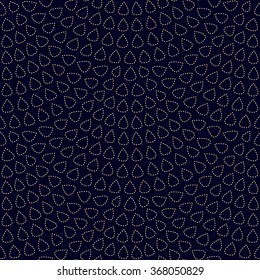 Vector abstract seamless wavy pattern with geometrical fish scale layout. Gold stylized  drops on a dark black background. Fan shape, dotted contour line. Holiday decoration. Wrapping paper.