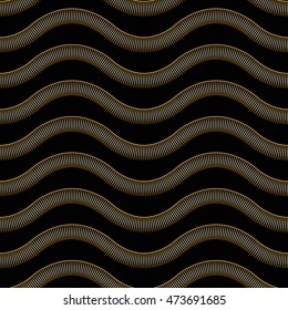 Vector abstract seamless wavy pattern from thin lines. Horizontal golden waves, lacy Art deco ornament on black a background. Wallpaper, wrapping paper, textile print. Folk, ethnic, tribal tracery