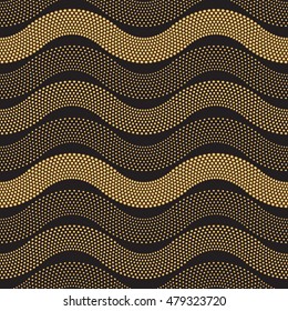 Vector abstract seamless wavy pattern from small balls. Horizontal golden waves, dappled Art deco ornament on black background. Wallpaper, wrapping paper, textile print. Folk, ethnic, tribal tracery