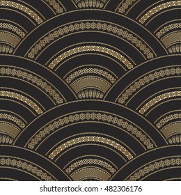 Vector abstract seamless wavy pattern from golden and black, banners, ethnic ornament. Geometrical fan. Fish scale order. Batik paint.