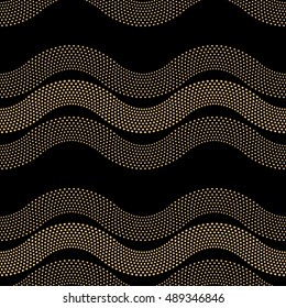 Vector abstract seamless wavy pattern from small balls. Horizontal golden waves, dappled Art deco ornament on black background. Wallpaper, wrapping paper, textile print. Folk, ethnic, tribal tracery