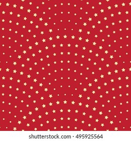 Vector abstract seamless wavy pattern with geometrical fish scale layout. Golden beige stylized  stars on a dark red background. Fan shaped Christmas tree garlands .New Year holiday decoration