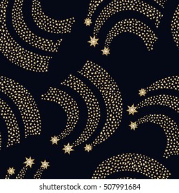 Vector abstract seamless wavy pattern with hand drawn stylized meteors, golden color stars on a dark black background. Christmas, firework ornament .New Year holiday gold decoration. Wrapping paper