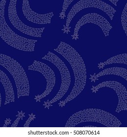 Vector abstract seamless wavy pattern with hand drawn stylized meteors, pearl color stars on a dark indigo blue background. Christmas, firework ornament .New Year holiday decoration. Wrapping paper