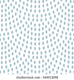 Vector abstract seamless wavy pattern with geometrical fish scale layout. Light small blue rain water drops on a white background. Peacock tail shape, fan silhouette. Textile print