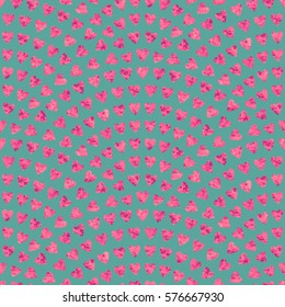 Vector abstract seamless wavy pattern with geometrical layout. Red hearts with watercolor paint texture on a turquoise background. Valentine Day ornament. Wallpaper, wrapping paper