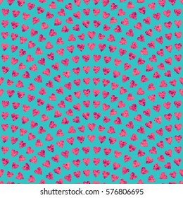 Vector abstract seamless wavy pattern with geometrical fish scale layout. Red mosaic stylized hearts on a turquoise blue background. Fan shaped Valentine Day ornament. Holiday wrapping paper