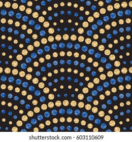  Vector abstract seamless wavy pattern with geometrical fish scale layout. Watercolor  blue and golden water drops on a black background. Peacock tail shape, fan silhouette.Textile print, page fill, batik